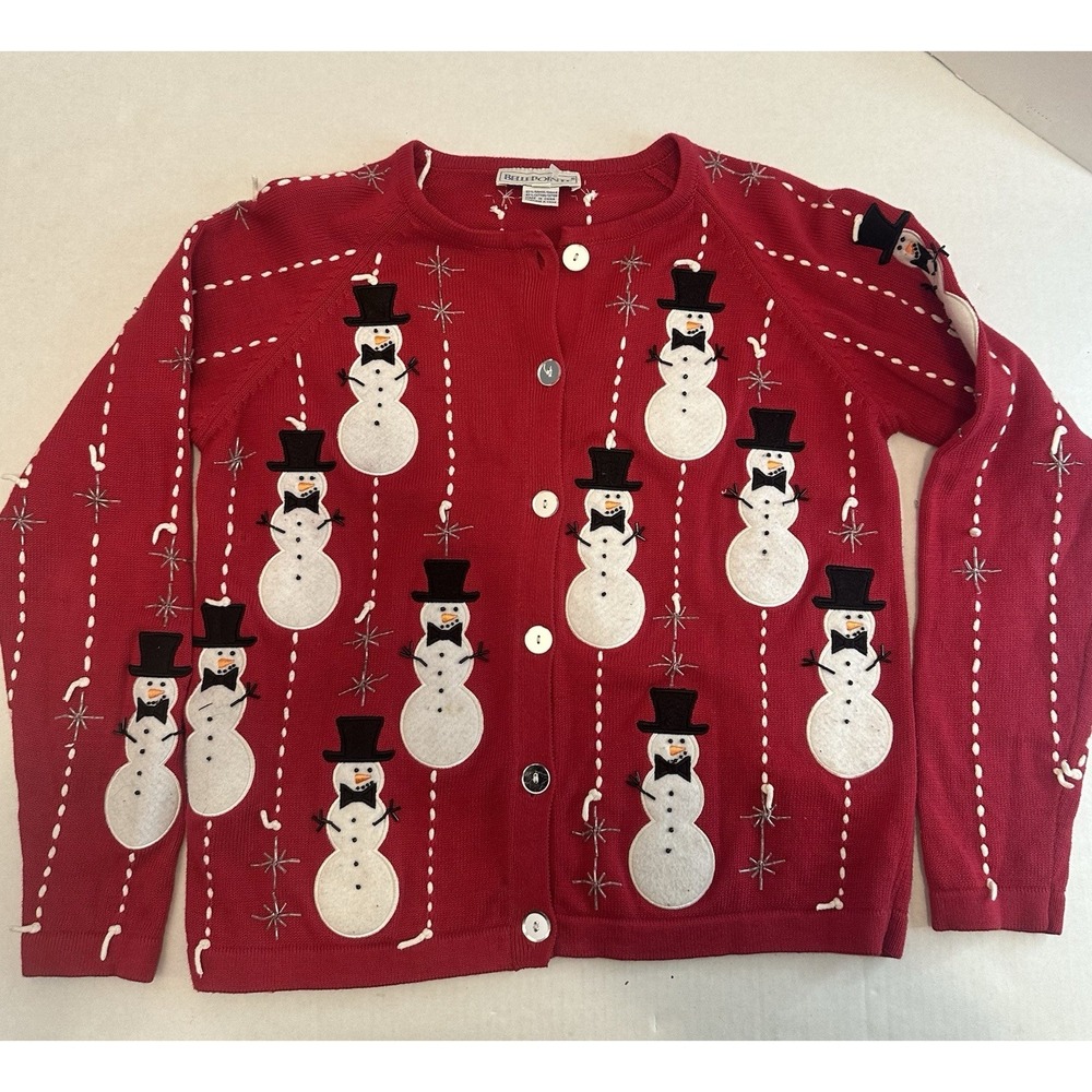 Belle Pointe Sweater Cardigan red button up snowman Embroidered women's small